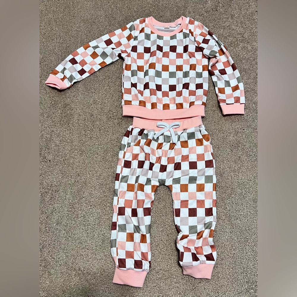 Checkered Girls Outfit- Pink, Brown, White- Never Worn